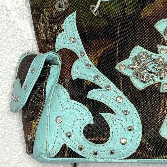 Heritage West Blue Green Camouflage Rhinestone Cross Western Double Strap Purse - Picture 4 of 13